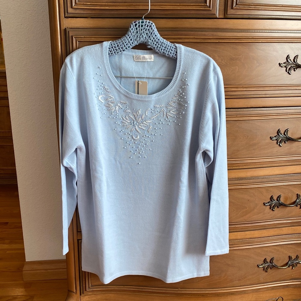 Pearl-Embellished Light Blue Crewneck Sweater